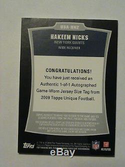 2009 Topps Unique Hakeem Nicks NY Giants UNC Tarheels Colts Laundry Tag Auto 1/1