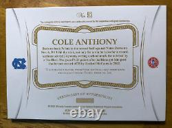 2020-21 Flawless Collegiate Cole Anthony Unc Patch Auto Rc 02/20 1/1 Jersey # 93