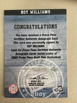2002 Roy Williams Press Pass Auto Unc Tarheels Autographe Caroline Du Nord Kansas