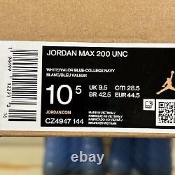 Chaussures blanches Air Jordan Max 200 UNC Tar Heels PE, CZ4947-144 taille 10.5 pour hommes