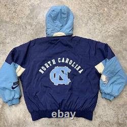 Veste à capuche matelassée Nike UNC Tarheels de Caroline du Nord des années 90, zip intégral, taille XL